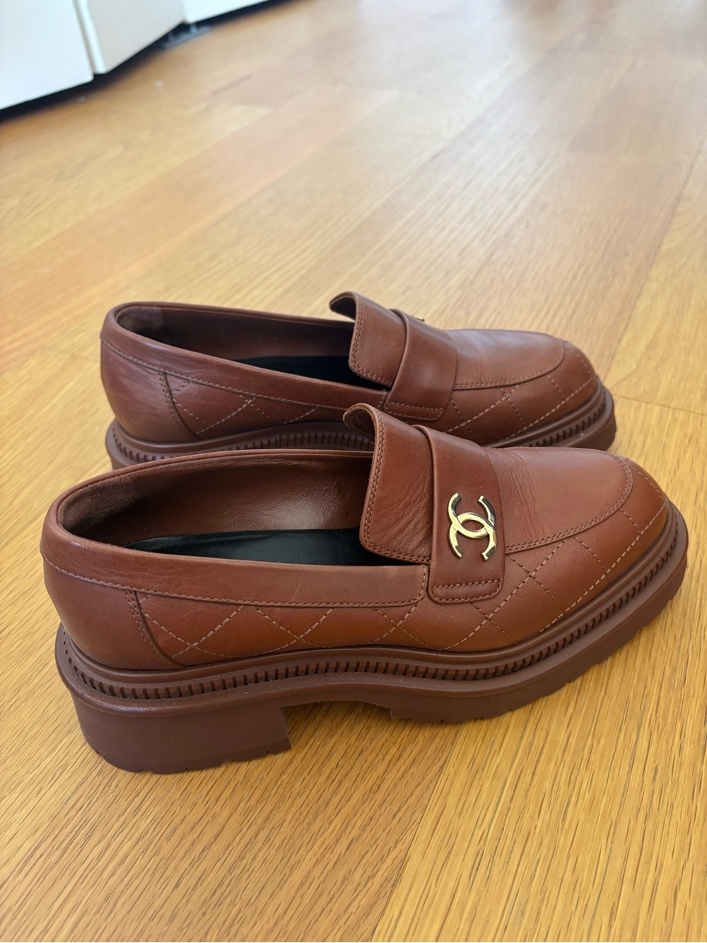CHANEL Chestnut Brown Leather Penny Loafers with Gold CC Emblem - Picture 3 of 9